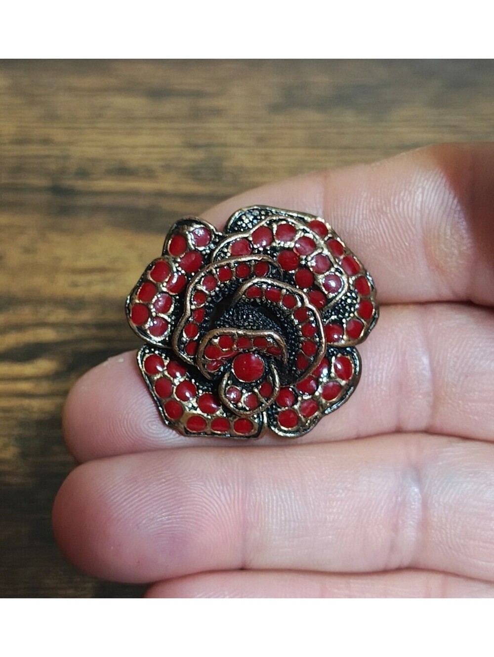 Three Dimensional Vintage Style Red Enamel Rose Statement Adjustable Ring.